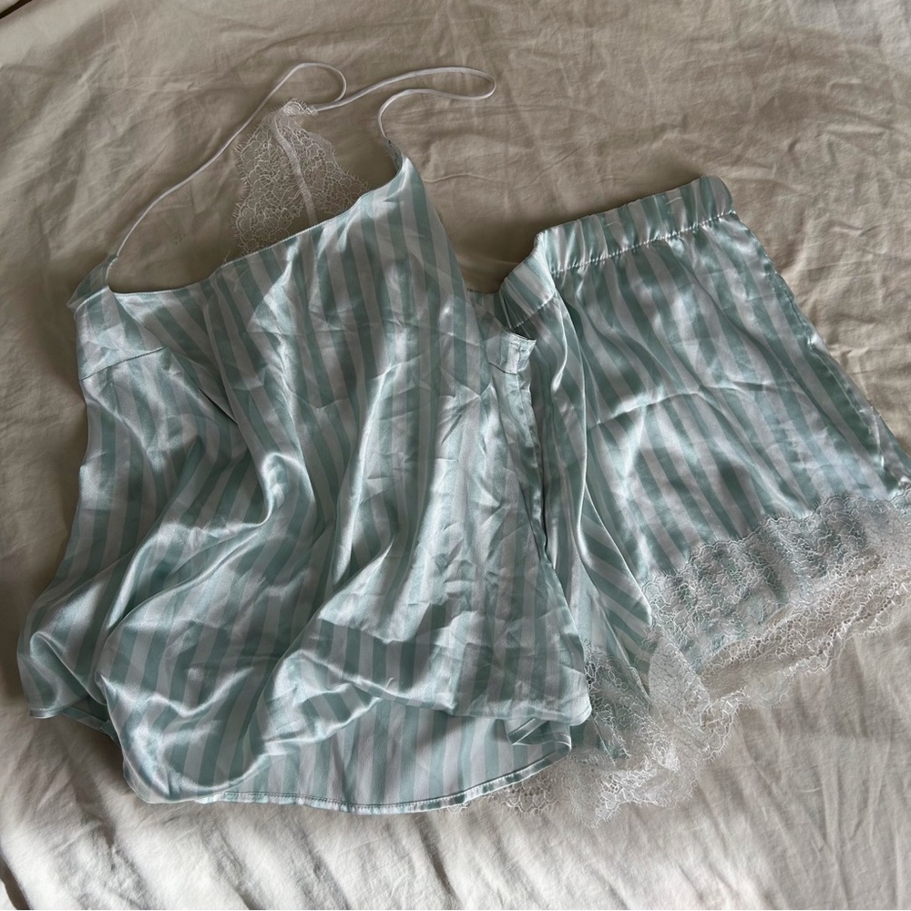 Victoria's Secret Light Blue and White Striped Satin Camisole & Shorts Set